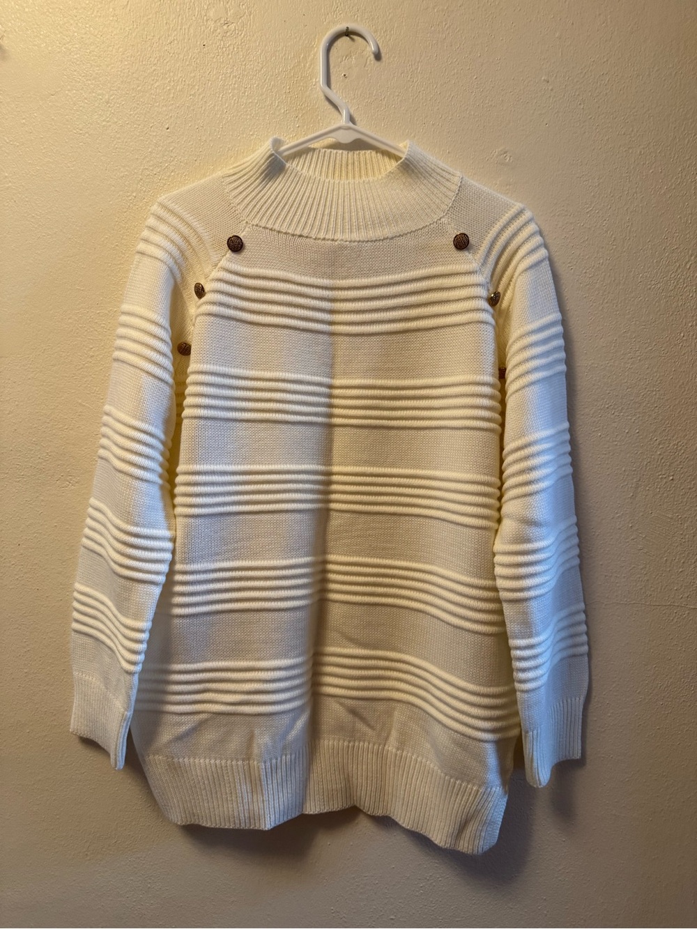 Ivory Textured Striped Knit Sweater Button Shoulder XL Cream Mock Neck Ribbed